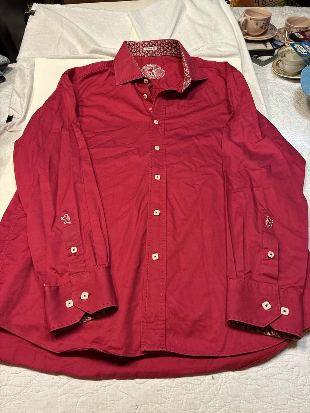 Bugatchi Shaped Fit Long Sleeve Button Up Shirt Burgundy Red